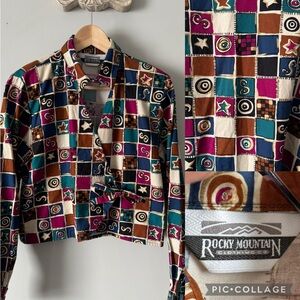 Vintage Rocky Mountain Western Wrap Blouse crop collar patchwork print Medium